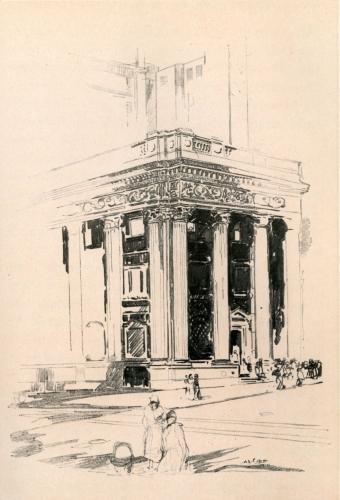 WHERE THE AVENUE AND THIRTY-FOURTH STREET CROSS STANDS
THE BUILDING POPULARLY KNOWN AS THE KNICKERBOCKER TRUST COMPANY. HERE,
IN THE MIDDLE OF THE LAST CENTURY, "SARSAPARILLA" TOWNSEND BUILT IN
BROWN-STONE, AND A. T. STEWART LATER BUILT IN WHITE MARBLE