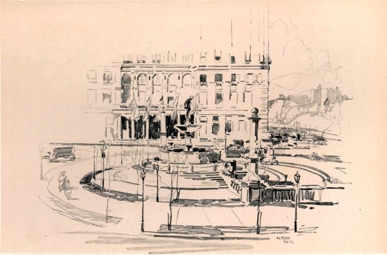 SOUTH OF WHERE "ST. GAUDENS'S HERO, GAUNT AND GRIM, RIDES
ON WITH VICTORY LEADING HIM," MAY BE SEEN THE FOUNTAIN OF ABUNDANCE,
AND, IN THE BACKGROUND, THE NEW PLAZA HOTEL