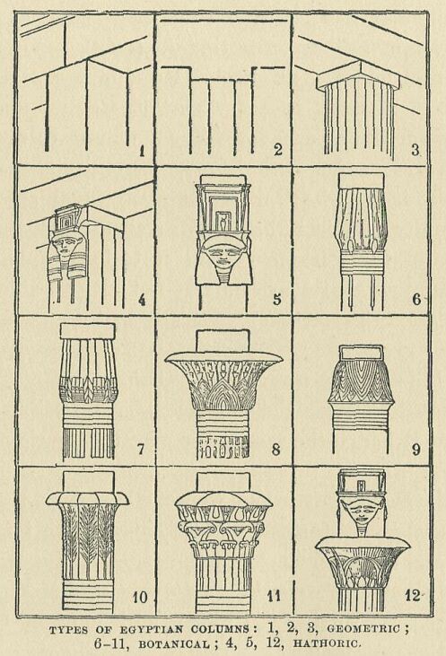 324.jpg Types of Egyptian Columns: 1, 2, 3, Geometric &lsquo;, 6-11, Botanical; 4, 5, 12, Hathoric. 