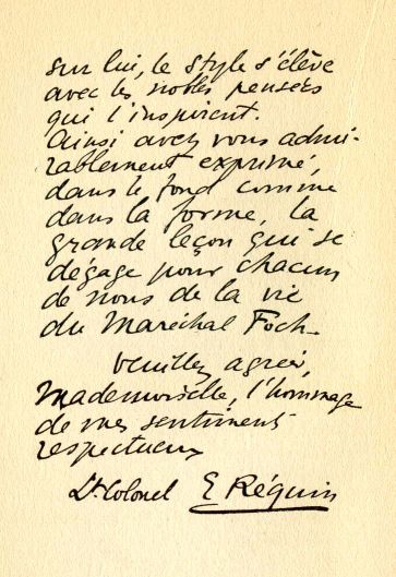 Page 2 of hand-written letter from Lt.-Colonel E. R�quin to Clara Laughlin.]