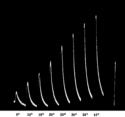 Fig.&nbsp;83.&mdash;Records of Responses in Tin with Increasing Stimuli, Amplitudes of Vibration from 5&deg; to 40&deg;