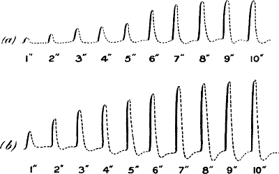Fig.&nbsp;102.&mdash;Response-curves for Increasing Duration of Illumination from 1&Prime; to 10&Prime;