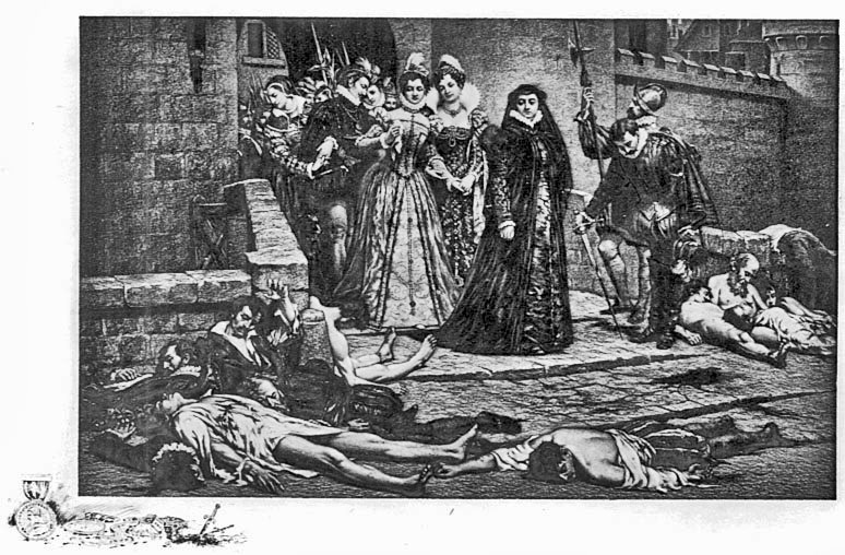 Catherine de Medici, accompanied by her suite, issues
from the gate of the Louvre the morning after the massacre of St.
Bartholomew