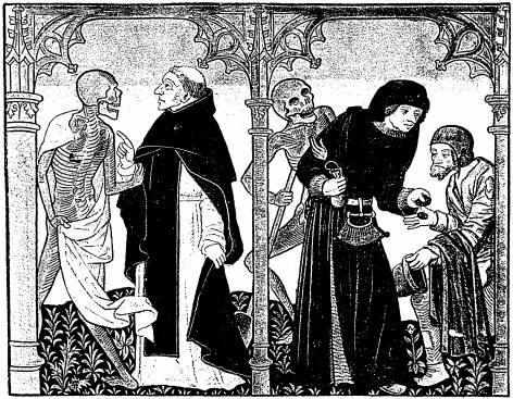 Illustration: De gauche � droite:
1. Le mort, le moine; 2. le mort, l'usurier, le pauvre homme recevant
l'aum�ne de l'usurier.