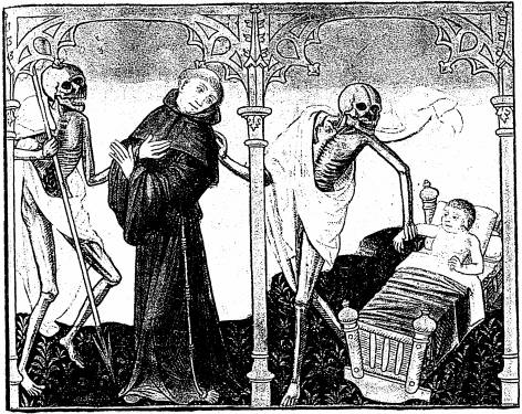 Illustration: De gauche � droite:
1. le mort, le cordelier; 2. le mort, l'enfant au berceau.