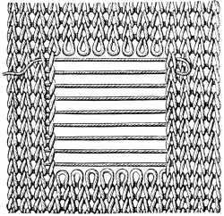 FIG. 371.
DARNING ON THREADS STRETCHED
HORIZONTALLY.
POSITION OF THE HORIZONTAL THREADS.
