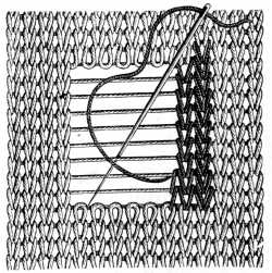 FIG. 372.
DARNING ON THREADS STRETCHED
HORIZONTALLY.
HOW TO COVER THE HORIZONTAL THREADS.
