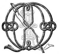 FIG. 880.
LETTER M OF THE
ALPHABET IN SOUTACHE.
MODE OF SEWING ON
THE SOUTACHE.