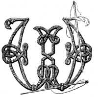 FIG. 881.
LETTER W OF THE
ALPHABET IN SOUTACHE.
MODE OF PLACING THE
BARS AND EMBROIDERING
THE LEAVES.