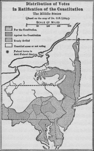 Distribution of Votes in Ratification of the Constitution,
The Middle States (Based on the map of O. G. Libby)