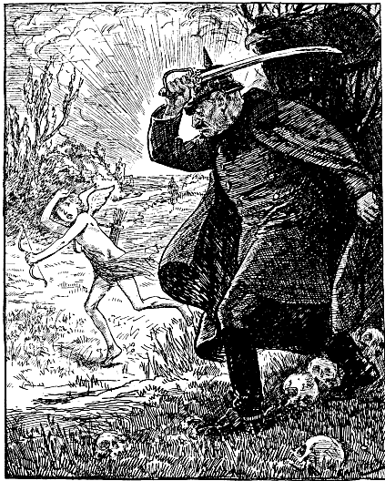 Large WWI German soldier brandishing
sword at a small boy as Cupid.