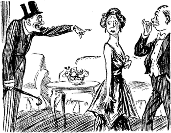Husband walking in on wife with
supposed suitor.