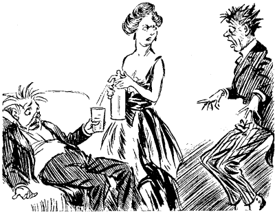 Wife providing aid to victim;
husband displaying surprised shock.