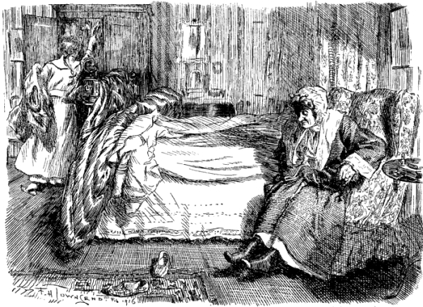Young girl gathering clothes from
closet. Old lady examining feet.