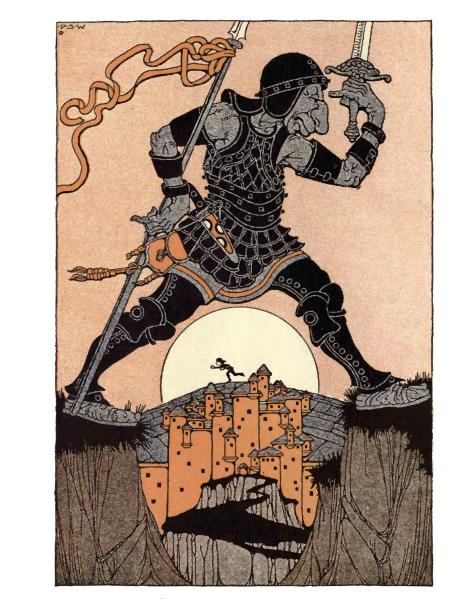 Round and round the Castle they went and the Giant with
his strength was wearing out Feet-in-the-Ashes.