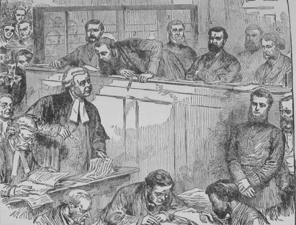 1 Austin&mdash;&mdash;. 2 Geo. McDonald. 3 Officer. 4 Geo. Bidwell.
5 Officer. 6 Noyes. 7 Mr. Straight, Q.C. McDONALD SPEAKING TO MR.
STRAIGHT, Q.C., DURING THE TRIAL.
