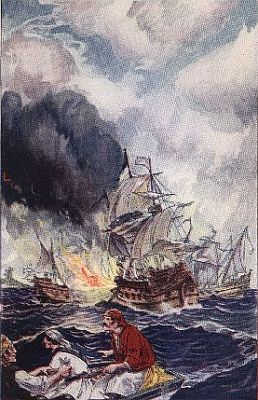 "'the fire-ship, sailing before the rest, fell presently upon the great ship'"&mdash;Page 158