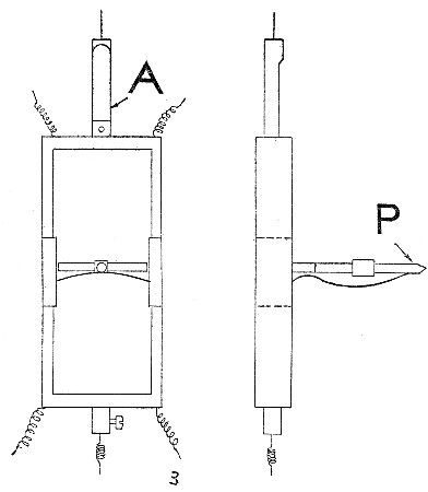 Fig. 20.&mdash;Diagram of galvanometer coil used in connection
with recording apparatus for resistance thermometers in the
water-circuit of bed calorimeter. A, anti-vibration tube; P, pointer.