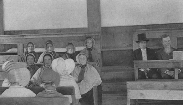 INTERIOR OF OBLONG MEETING HOUSE
On the "facing seats" are: Olive Hoag, Roby Osborn, Betsy Post, Richard Osborn, John L. Worden