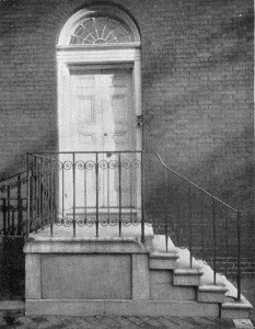 Plate XXXVI.&mdash;Doorway and Ironwork, Northeast Corner of
Third and Pine Streets; Stoop with Curved Stairs and Iron Handrail, 316
South Third Street.