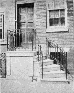 Plate XXXVI.&mdash;Doorway and Ironwork, Northeast Corner of
Third and Pine Streets; Stoop with Curved Stairs and Iron Handrail, 316
South Third Street.