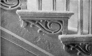 Plate LX.&mdash;Detail of Stair Ends, Carpenter House, Third
and Spruce Streets; Detail of Stair Ends, Independence Hall (horizontal
section).