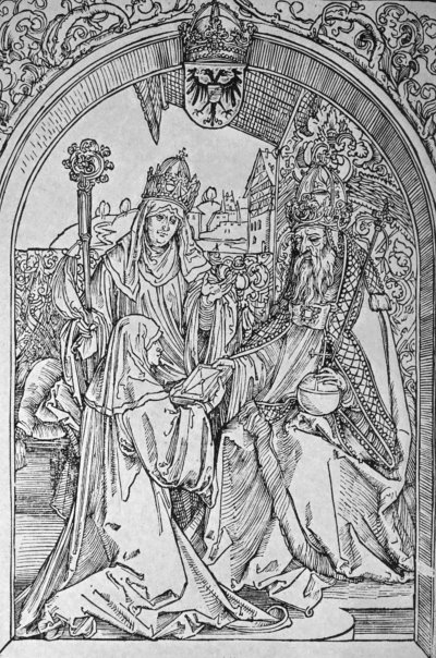 ROSWITHA PRESENTING HER POEM TO THE EMPEROR OTHO I.,
THE ABBESS OF GANDERSHEIM STANDING AT HER SIDE.