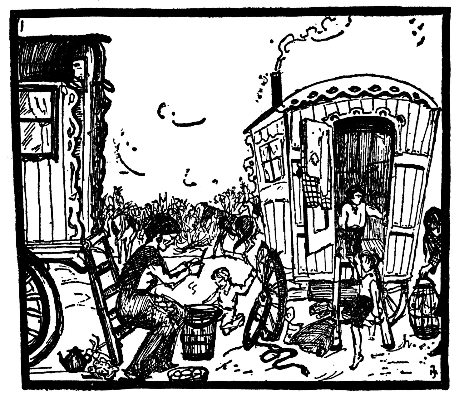 Within the cowboy's van the rat-eyed wife,
Her reddish hair in papers twisted close.
Turned wet potatoes round against the knife,
And in a bucket dropped the peel�d Oes.

