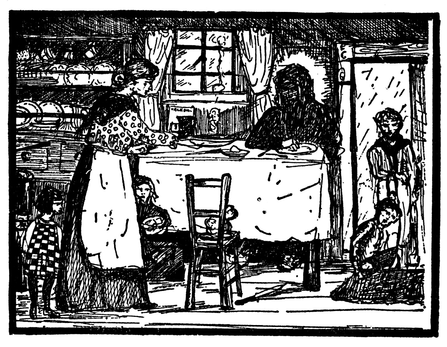 They climbed aboard and sat; the woman spread
Food for King Cole, and watched him as he fed.

