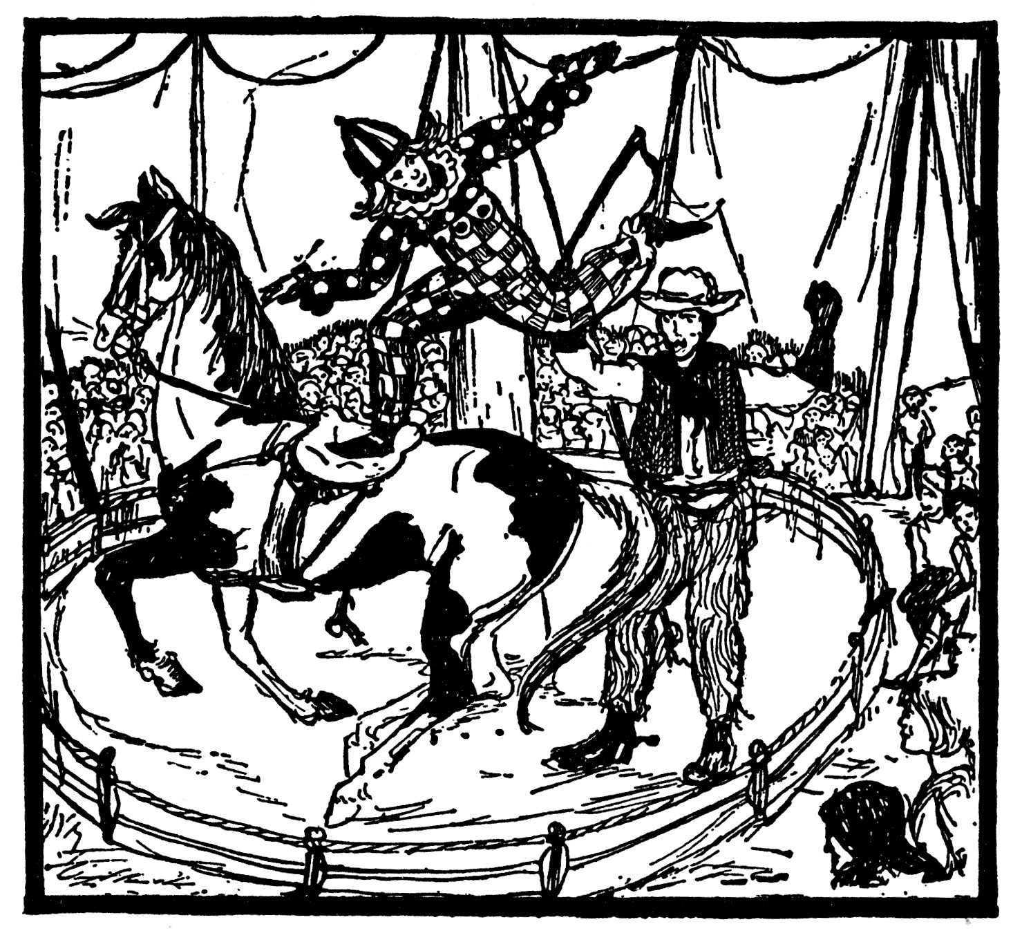And round the ring came Dodo, the brown mare,
Pied like a tiger-moth; her bright shoes tare
The scattered petals, while the clown came after
Like life, a beauty chased by tragic laughter.

