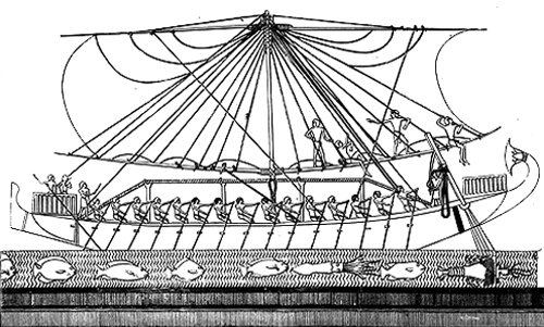 Egyptian Ship of the Punt Expedition. About 1600
b.c. From Der-Bahari