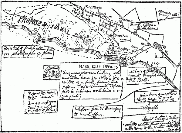 PORTIONS OF MAP OF NEW NAVAL BASE AT ROSYTH DISCOVERED IN
POSSESSION OF A SPY.
The notes, here translated from German, were written on the British Ordnance Map.