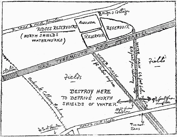 MAP OF THE NORTH SHIELDS RESERVOIRS, AND HOW TO CUT OFF THE
WATER SUPPLY, PREPARED BY THE SPY JOHN BARKER.