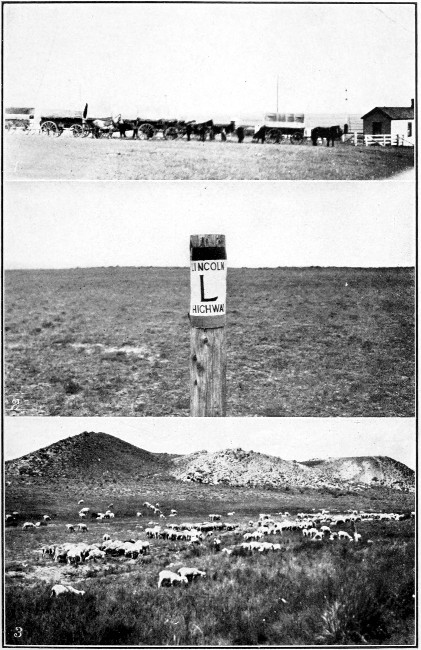 1. Prairie Schooners, Westward Bound. 2. Lincoln Highway
Sign in the Desert. 3. Sheep in the Wyoming Desert.