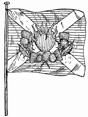 Fig. 82.&mdash;The Brownie "Jack," Blue Field, White Saltier, Red Flaming Heart, the Flames of Gold.