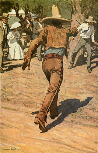 “Like a flash Jos&eacute;’s arm swung back, ... and Curtis
sprang lightly aside as the knife struck deep into the tree”