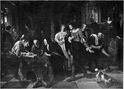 Huwelijkscontract.&mdash;Naar een schilderij van Jan Steen.