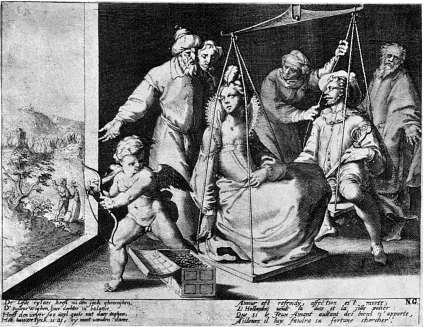 Huwelijksweegschaal.&mdash;Foto naar een prent, toegeschreven aan G. de Jode.