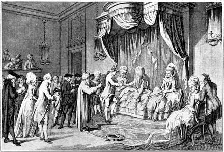 Huwelijksplechtigheid van de Portugeesche joden te Amsterdam (18e eeuw).&mdash;Naar een prent in Hurd, Gesch. v. alle Godsdiensten.