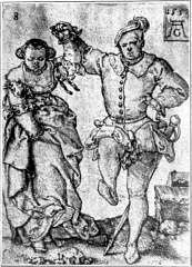 Dansend paar (16e eeuw).&mdash;Naar H. Aldegrever.