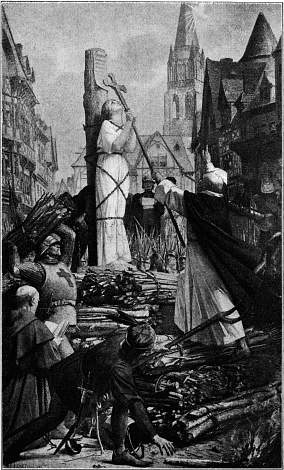 Jeanne d' Arc op den brandstapel.--Naar een muurschildering van Lenepveu in het Panth�on.