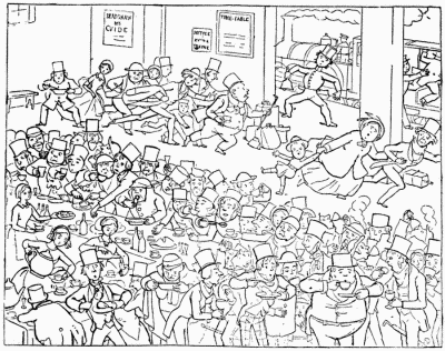 A RAYLWAY STATYON. SHOWYNGE
YE TRAVELLERS REFRESHYNGE THEMSELVES.