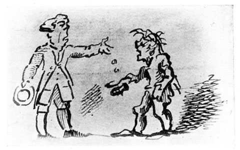 SPECIMEN OF VERY EARLY WORK, from the original
drawing, No. 9850 in the George Cruikshank Collection,
South Kensington Museum.