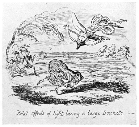Fatal effects of tight lacing & large Bonnets

From "Scraps and Sketches," Part I., May 20, 1828.