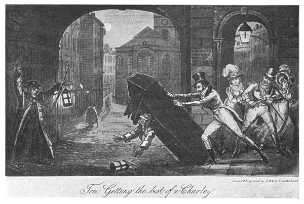 Tom, Getting the best of a Charley.

From "Life in London," by Pierce Egan, 1821.