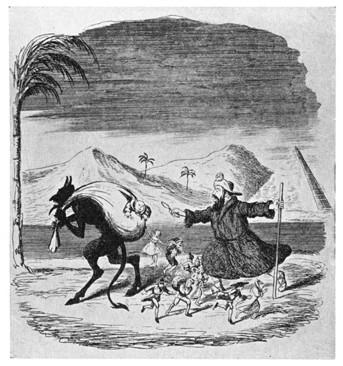 LEGEND OF ST MEDARD. The Saint has slit the bag in
which the fiend is carrying children. From "The Ingoldsby
Legends," 1842.