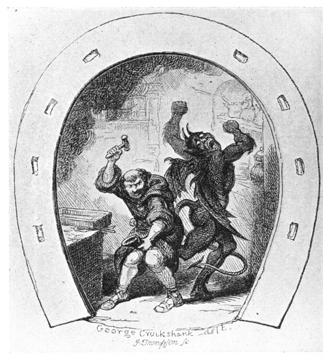 SHOEING THE DEVIL. From Edward G. Flight's "The True
Legend of St Dunstan and the Devil," 1848.