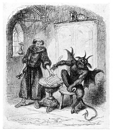 THE DEVIL SIGNING. From Edward G Flight's "The
True Legend of St Dunstan and the Devil," 1848.