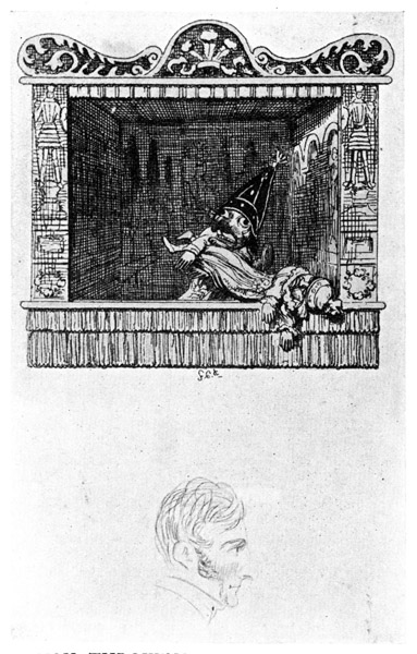 PUNCH THROWING AWAY THE BODY OF
THE SERVANT. From "Punch and Judy,"
1828 (early proof). The portrait of George Cruikshank
below his initials does not appear in the
book.