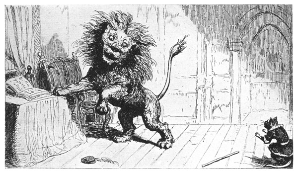 THE OGRE IN THE FORM OF A LION. From George Cruikshank's Fairy
Library, "Puss in Boots," 1864.